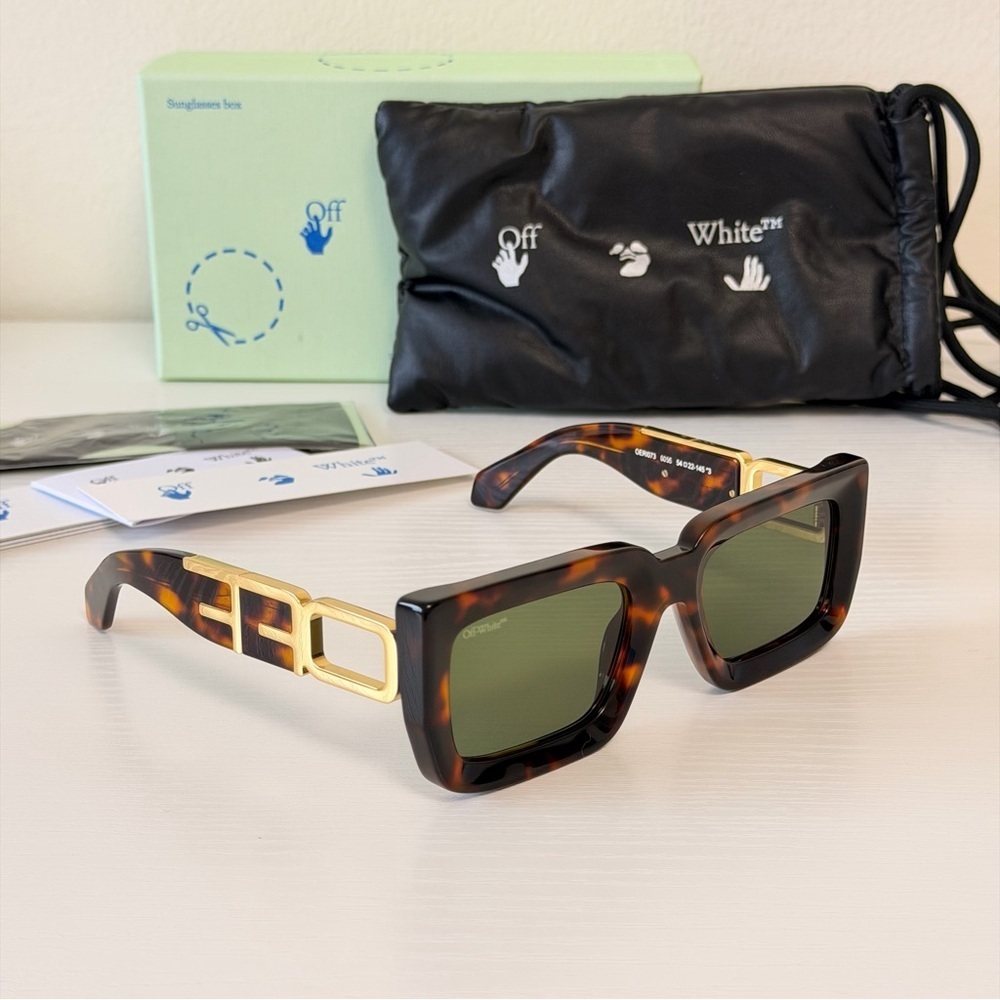 New! Off-White Tortoise Frame Sunglasses with Green Lenses, OERI073 6055